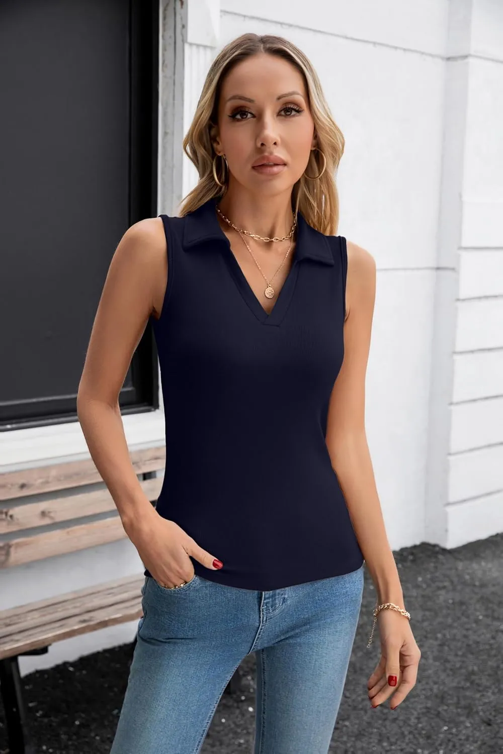 SANDERY Womens Ribbed Tank Top Sleeveless Tops Collared V Neck Polo Shirts Slim Fit Knit Basic Going Out Tops 2025