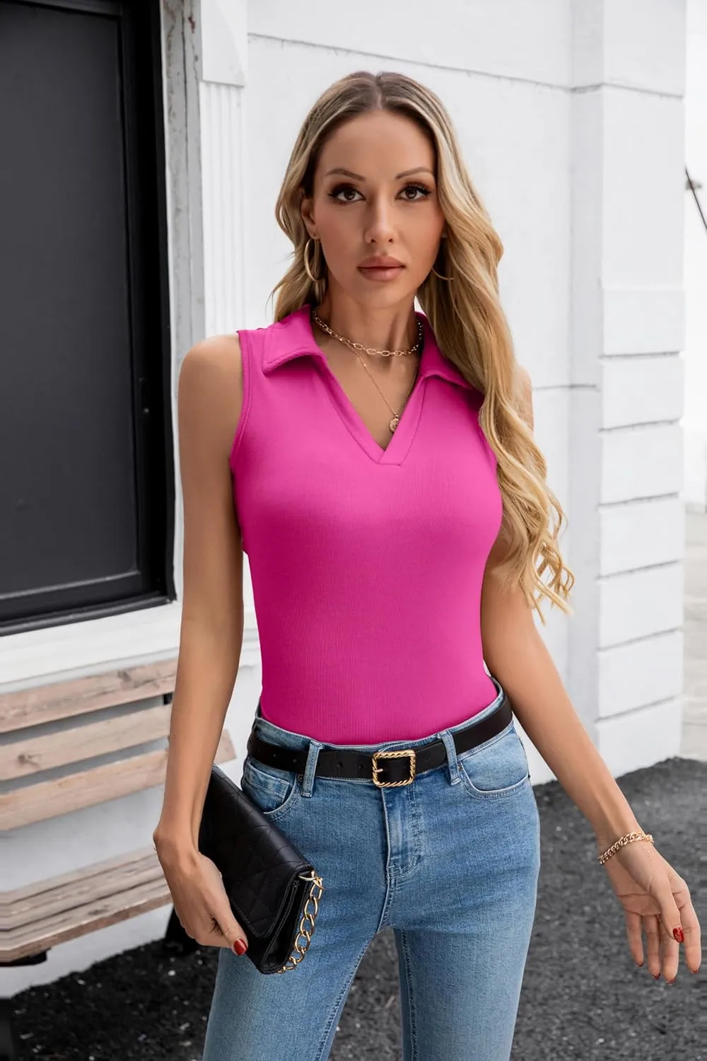 SANDERY Womens Ribbed Tank Top Sleeveless Tops Collared V Neck Polo Shirts Slim Fit Knit Basic Going Out Tops 2025