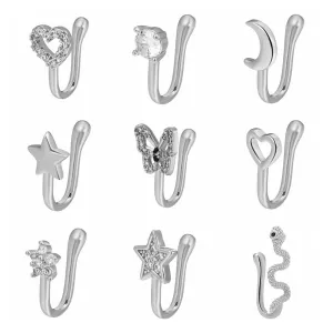Sither 9 pieces Nose Rings Cuff for Women and Men Faux Nose Rings Clip Non Piercing Fake Nose Rings Pack Body Piercing Jewelry for Gift (silver)