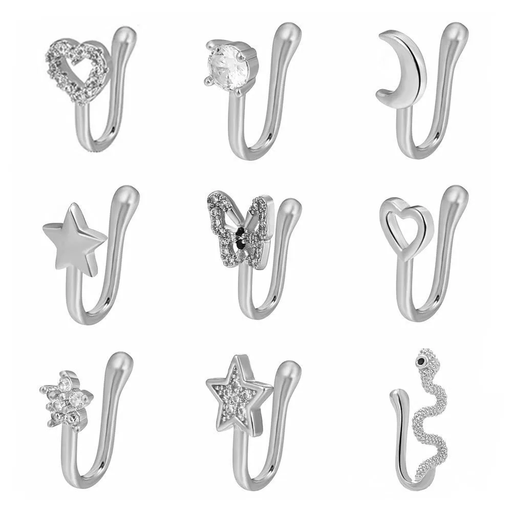 Sither 9 pieces Nose Rings Cuff for Women and Men Faux Nose Rings Clip Non Piercing Fake Nose Rings Pack Body Piercing Jewelry for Gift (silver)
