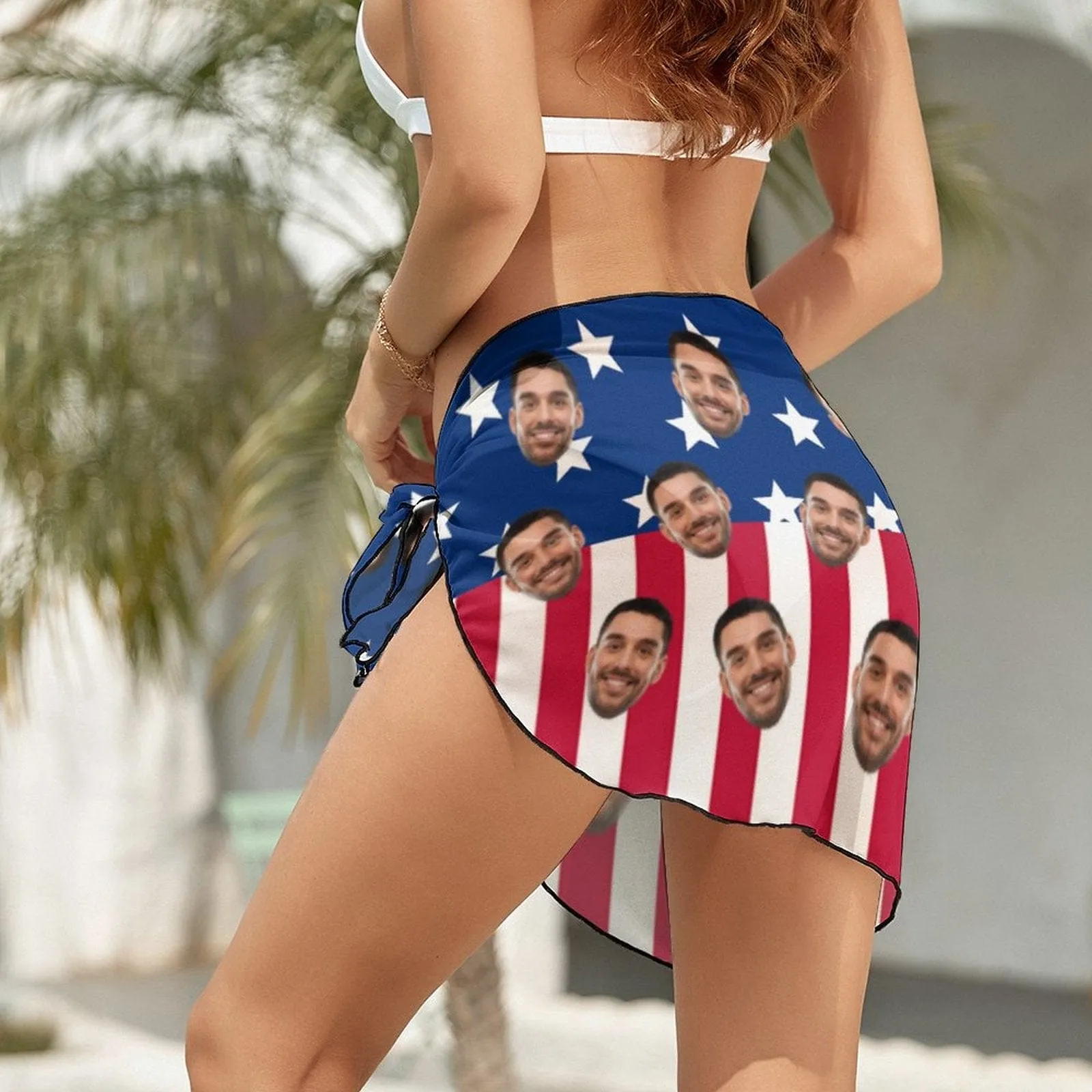 【Special offers】Custom Face US Flag Swim Bikini Coverup Personalised Short Sarongs Beach Wrap For Women Girls