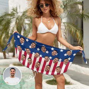 【Special offers】Custom Face US Flag Swim Bikini Coverup Personalised Short Sarongs Beach Wrap For Women Girls