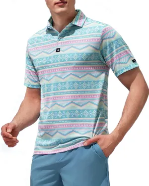 SURF CUZ Golf Shirt Moisture Wicking for Men Dry Fit Polo Shirts Short Sleeve Print Performance 4-Way Stretch