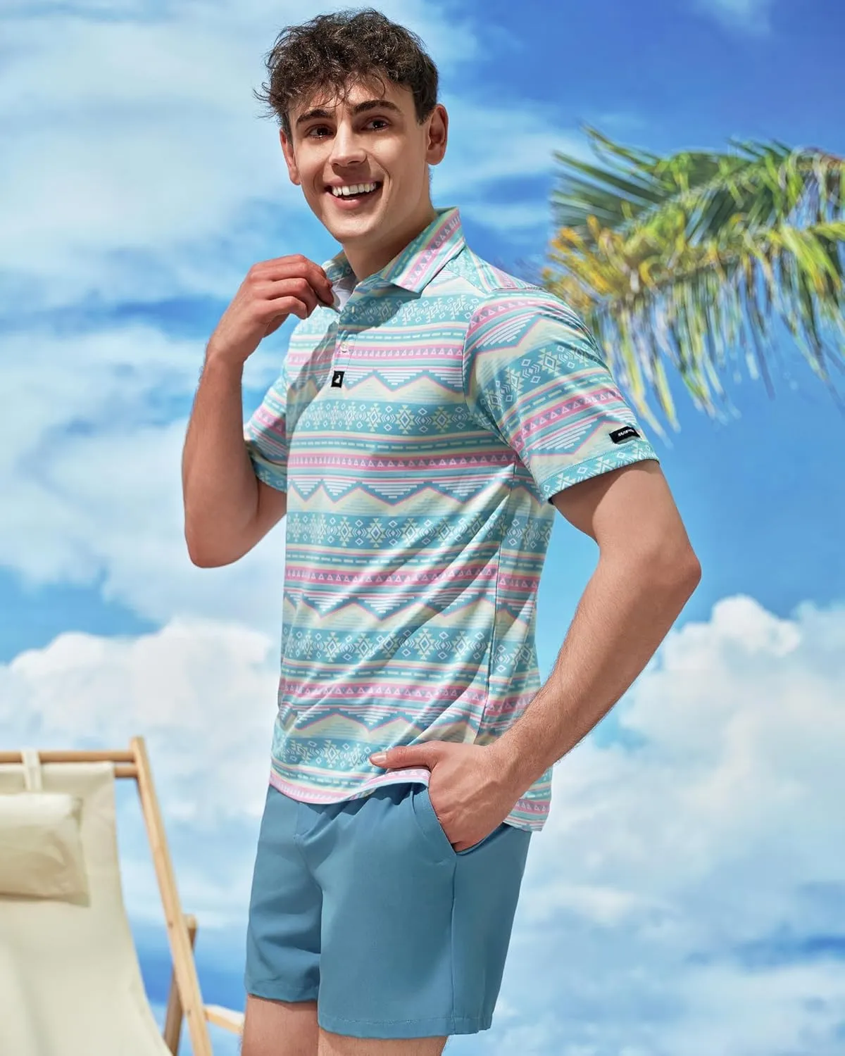 SURF CUZ Golf Shirt Moisture Wicking for Men Dry Fit Polo Shirts Short Sleeve Print Performance 4-Way Stretch