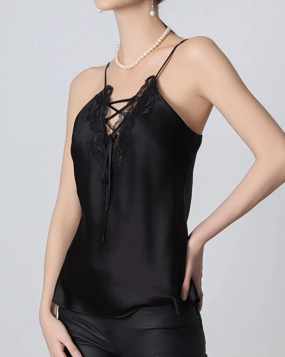 V-neck Crisscross Lace Silk Camisole