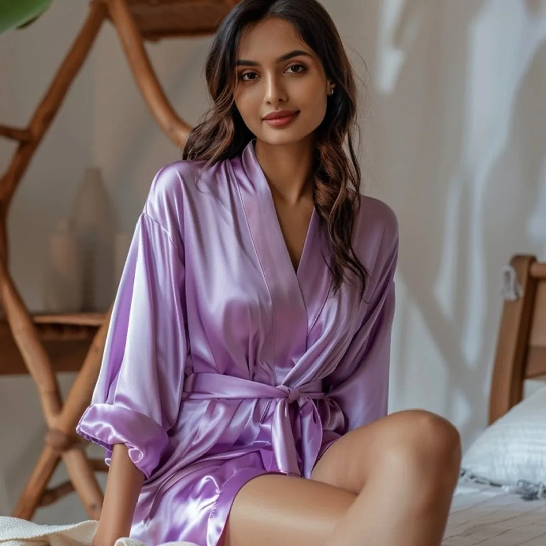 Women Satin Babydoll Belted Kimono Robe