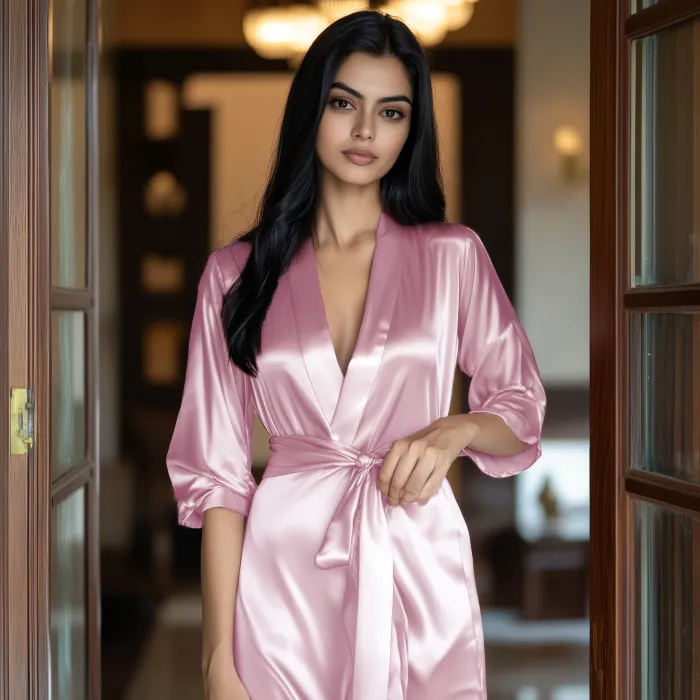 Women Satin Babydoll Belted Kimono Robe
