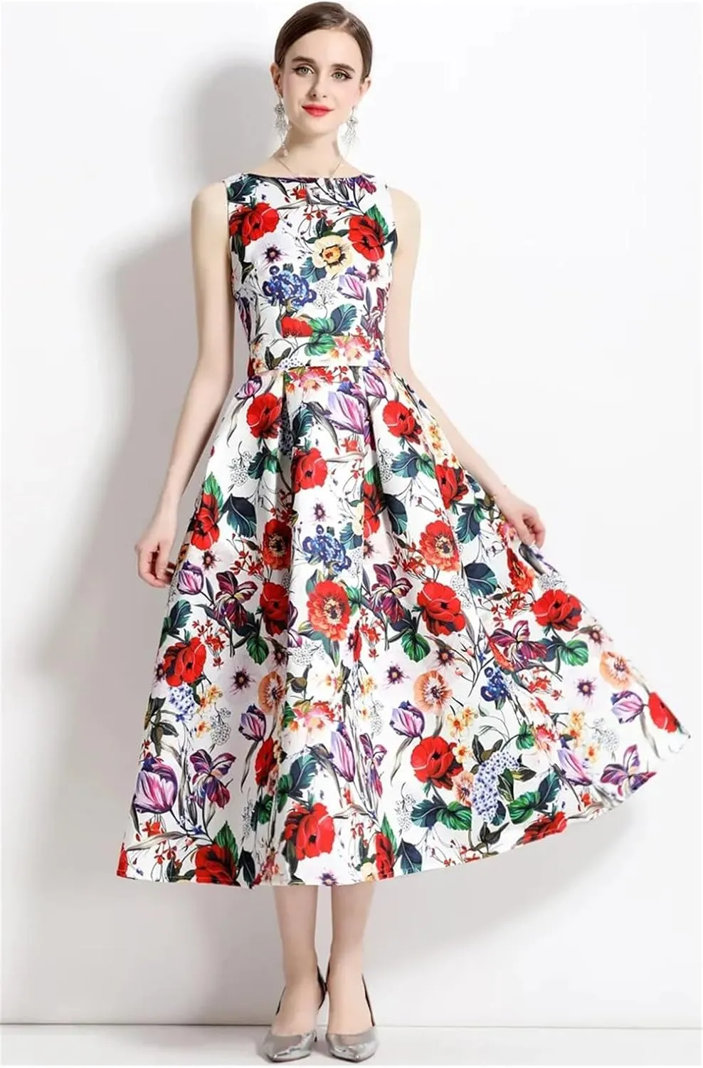 Women Sleeveless Tank Dress Cocktail Party Floral Robe Vintage A Line Formal Occasion Dresses