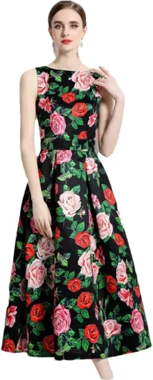 Women Sleeveless Tank Dress Cocktail Party Floral Robe Vintage A Line Formal Occasion Dresses