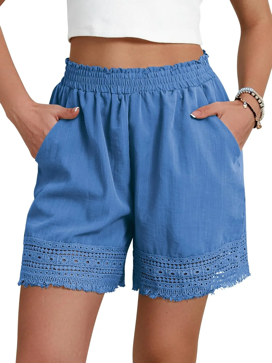 Women's Casual Elastic Waist Yoga Lounge Shorts - Comfy Stretch Lace Trim Summer Beach Linen Ruffle Shorts
