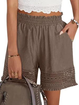 Women's Casual Elastic Waist Yoga Lounge Shorts - Comfy Stretch Lace Trim Summer Beach Linen Ruffle Shorts