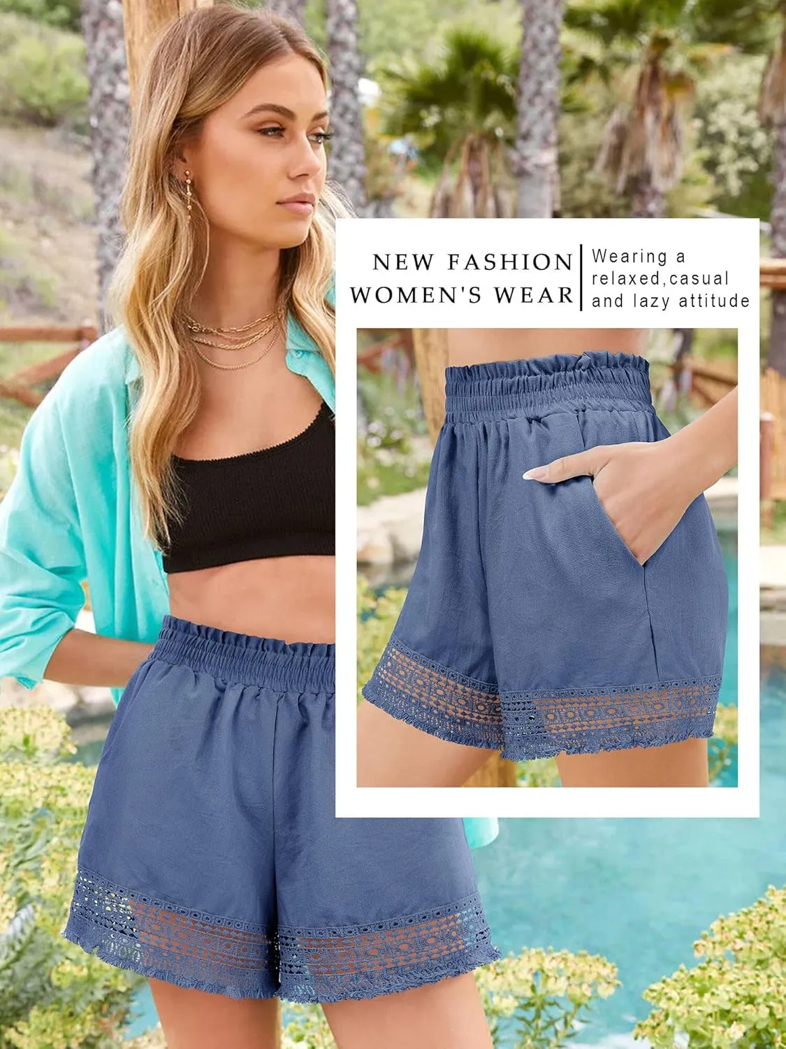 Women's Casual Elastic Waist Yoga Lounge Shorts - Comfy Stretch Lace Trim Summer Beach Linen Ruffle Shorts