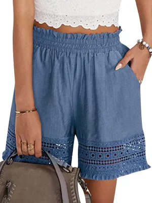Women's Casual Elastic Waist Yoga Lounge Shorts - Comfy Stretch Lace Trim Summer Beach Linen Ruffle Shorts