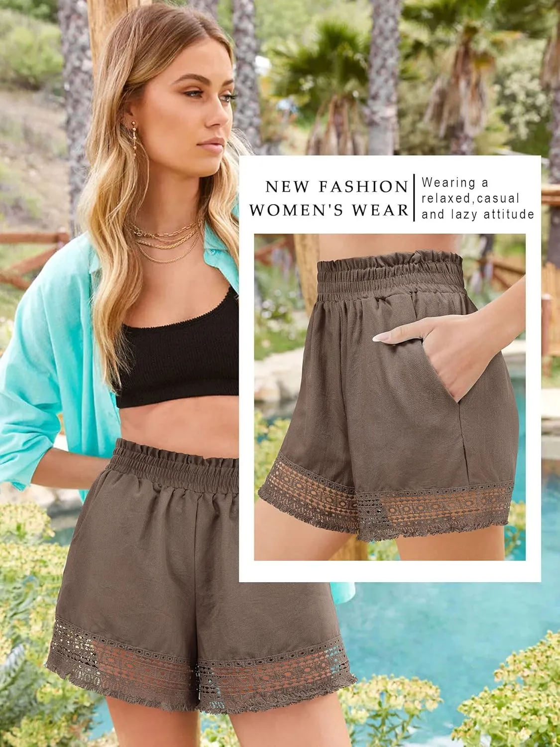 Women's Casual Elastic Waist Yoga Lounge Shorts - Comfy Stretch Lace Trim Summer Beach Linen Ruffle Shorts