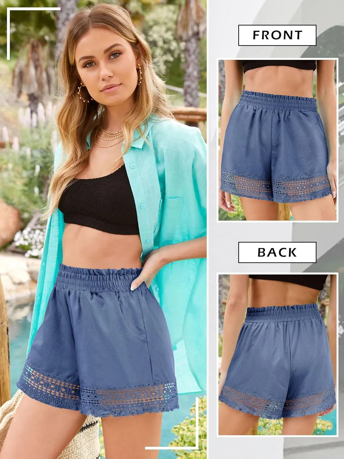 Women's Casual Elastic Waist Yoga Lounge Shorts - Comfy Stretch Lace Trim Summer Beach Linen Ruffle Shorts