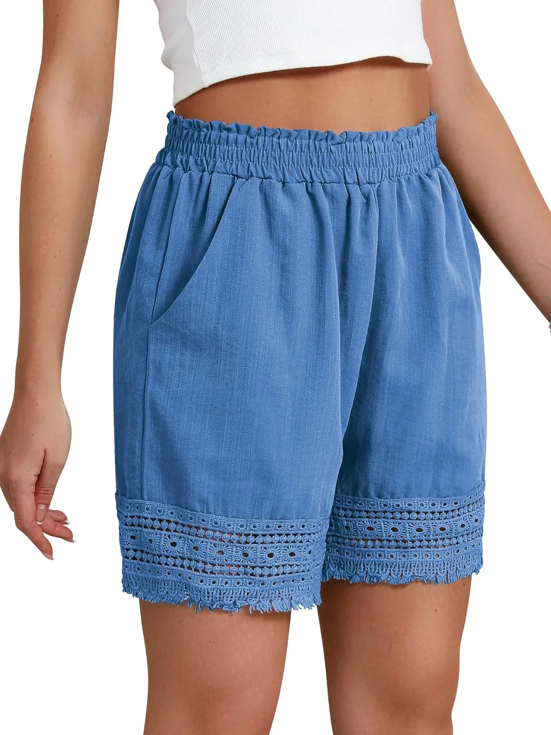 Women's Casual Elastic Waist Yoga Lounge Shorts - Comfy Stretch Lace Trim Summer Beach Linen Ruffle Shorts