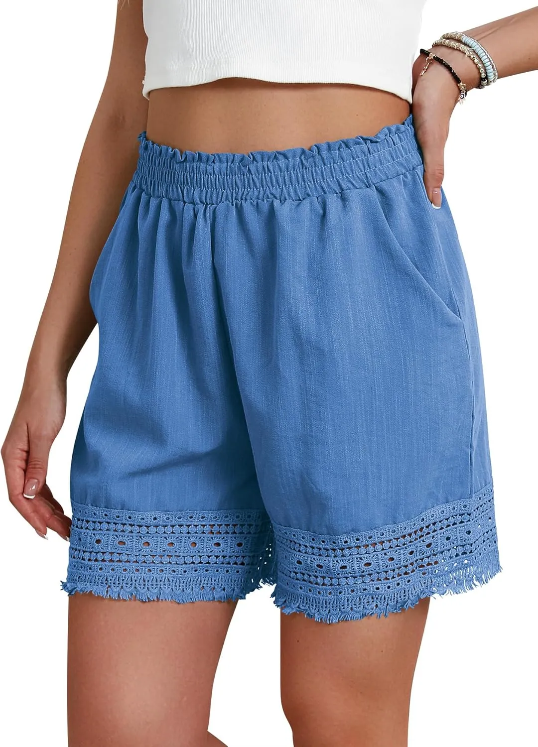 Women's Casual Elastic Waist Yoga Lounge Shorts - Comfy Stretch Lace Trim Summer Beach Linen Ruffle Shorts