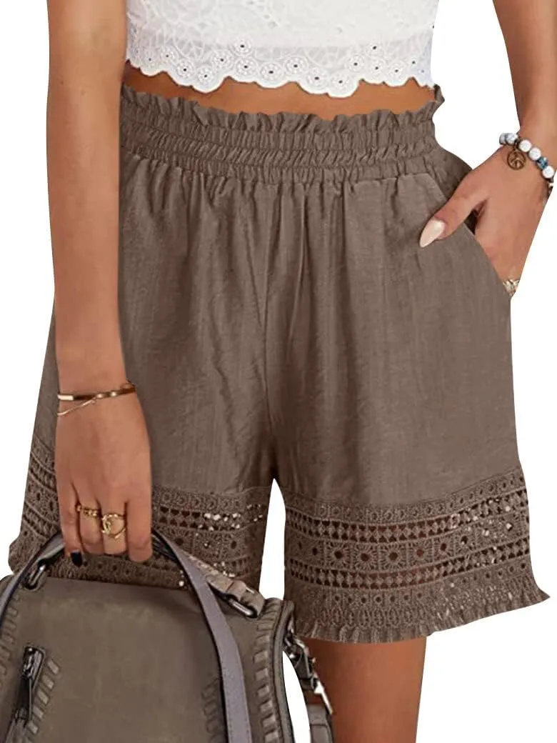 Women's Casual Elastic Waist Yoga Lounge Shorts - Comfy Stretch Lace Trim Summer Beach Linen Ruffle Shorts