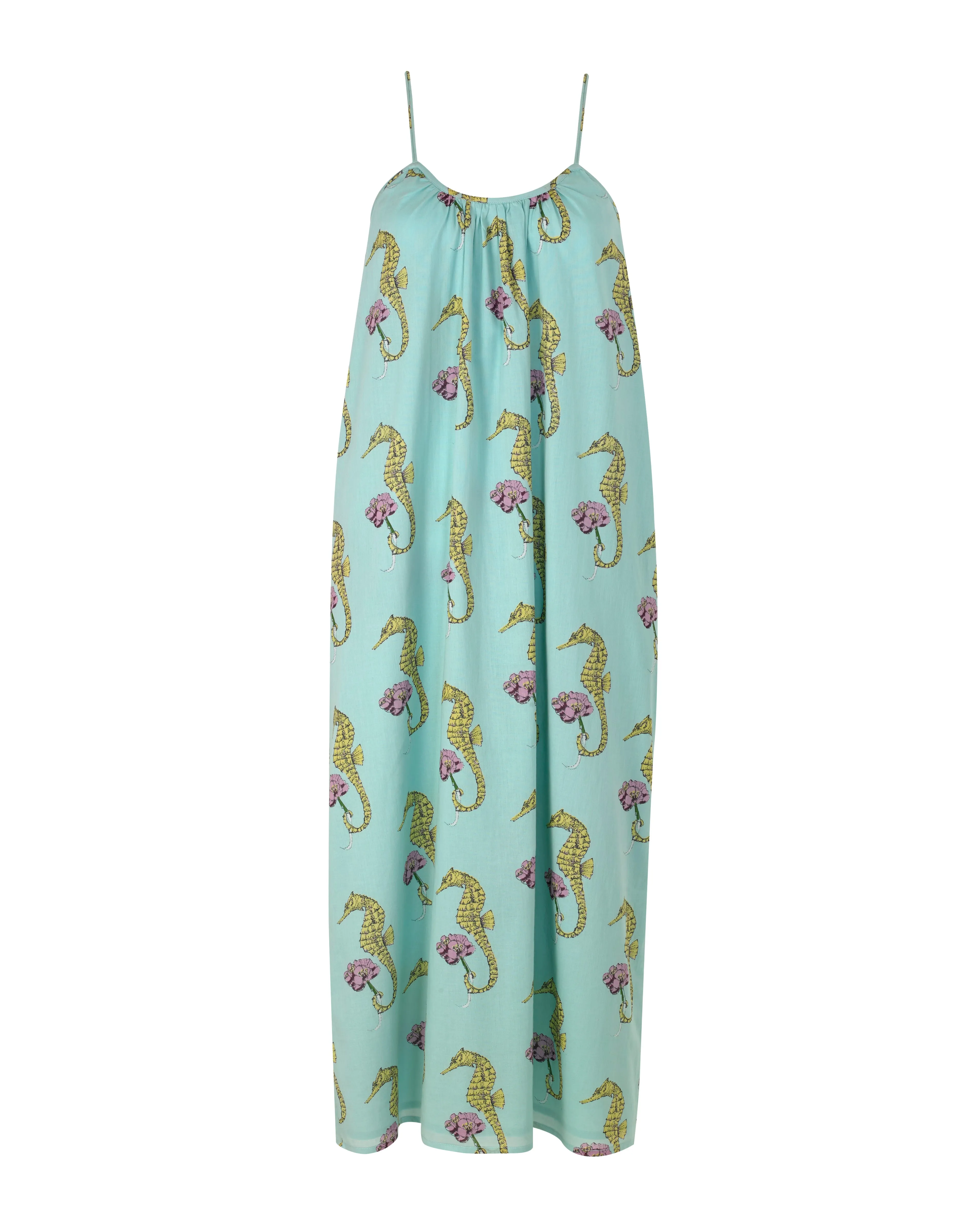 Womens Cotton Long Nightdress Aqua Seahorse