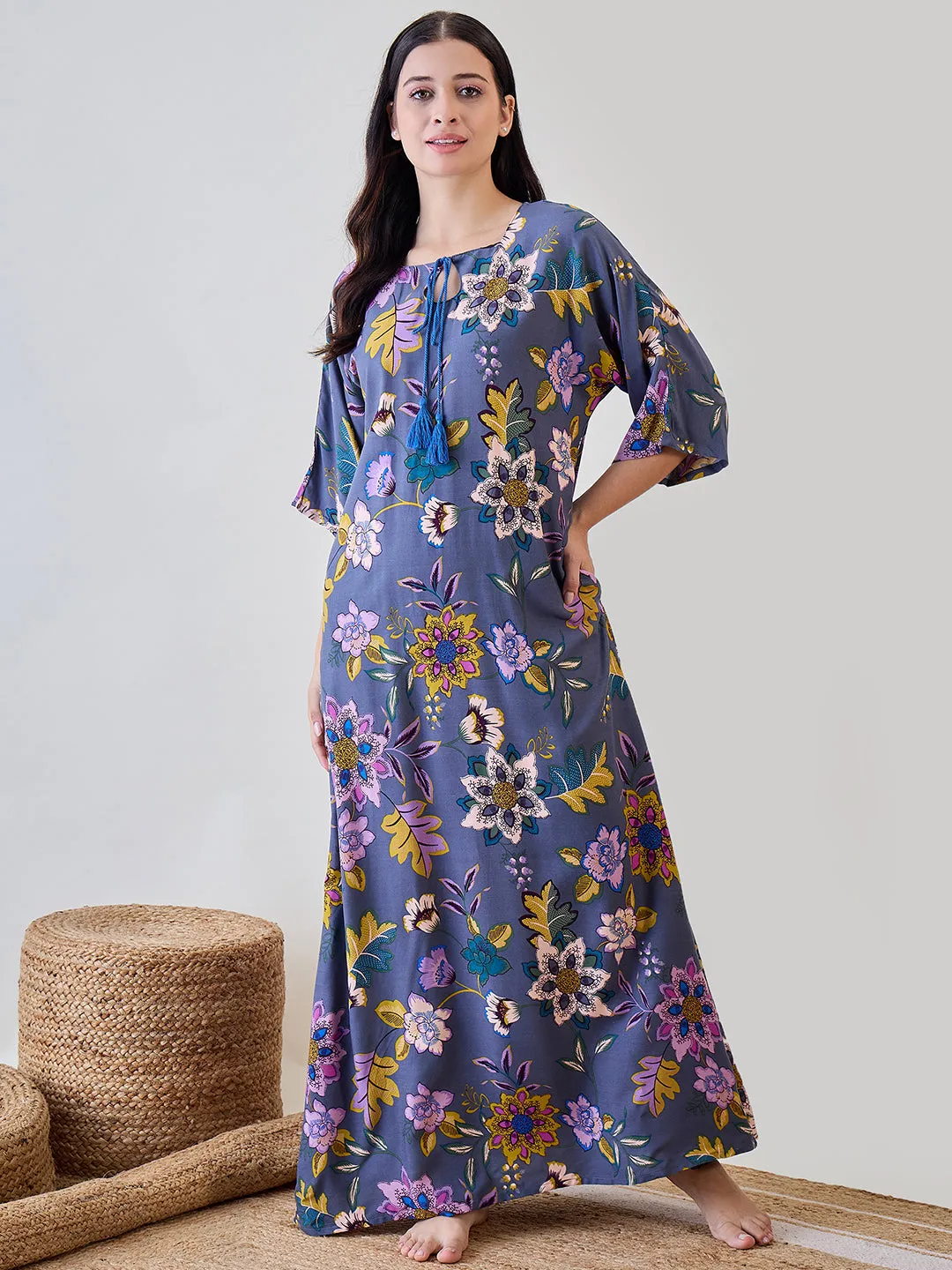 Women's Grey Viscose Floral Nightdress - The Kaftan Company