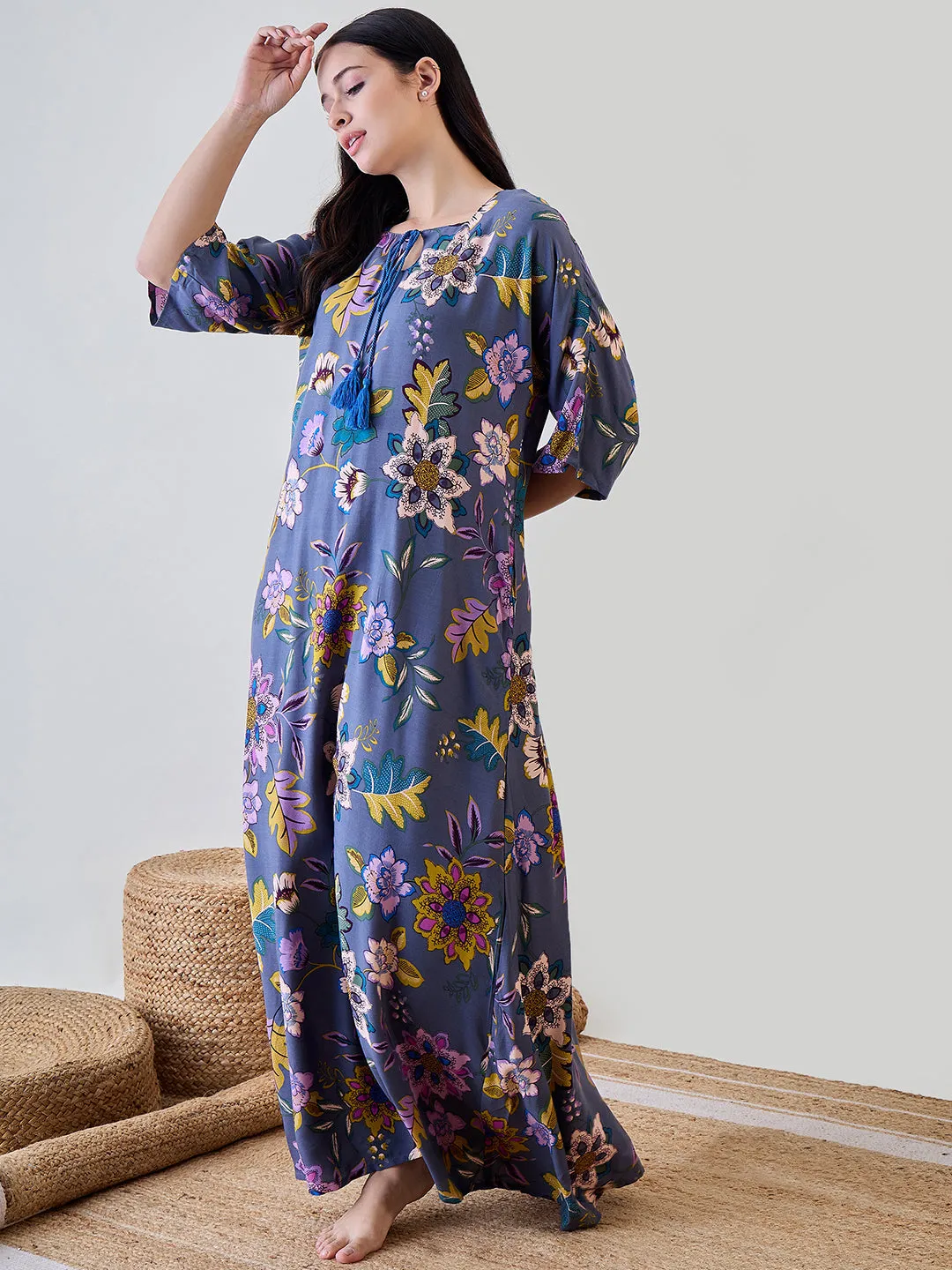 Women's Grey Viscose Floral Nightdress - The Kaftan Company