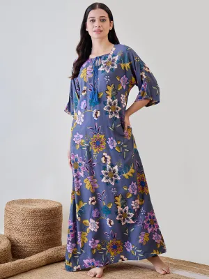 Women's Grey Viscose Floral Nightdress - The Kaftan Company