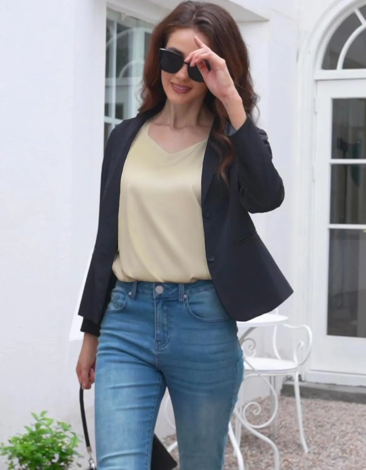 Women's Silk Satin Tank Tops V Neck Camisole Casual Cami Sleeveless Shirt Blouses Silky Basic Tanks