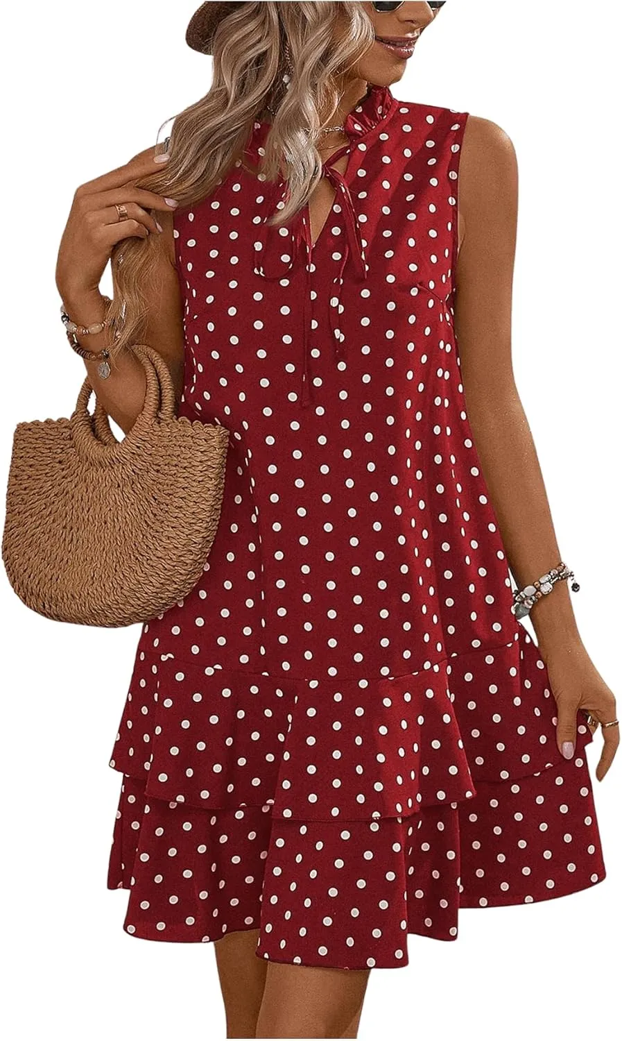 Women's Summer Dresses 2024 Polka Dots V Neck Sleeveless Tank Mini Dress Ruffle Smocked Tiered Layer Sundresses