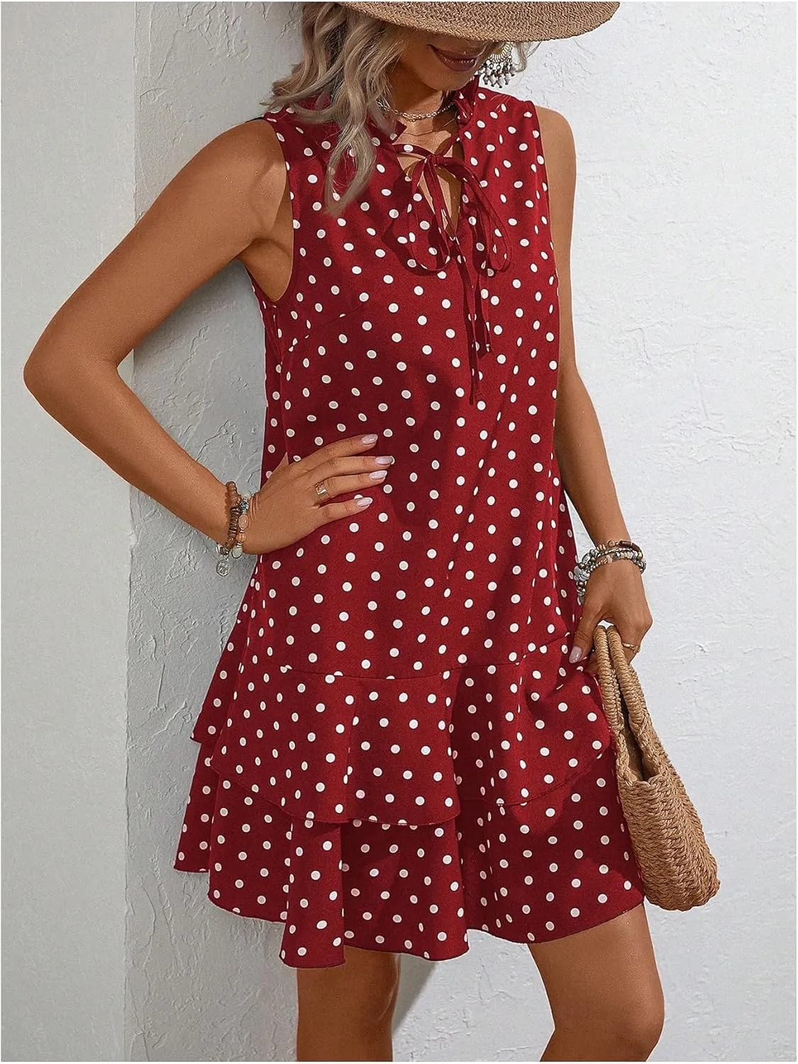 Women's Summer Dresses 2024 Polka Dots V Neck Sleeveless Tank Mini Dress Ruffle Smocked Tiered Layer Sundresses