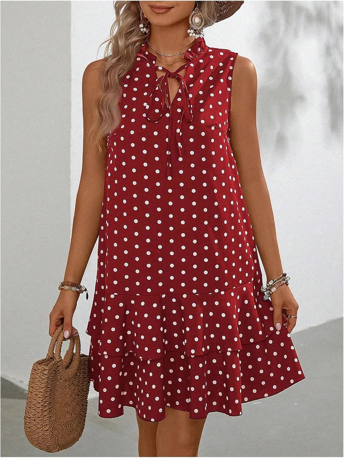 Women's Summer Dresses 2024 Polka Dots V Neck Sleeveless Tank Mini Dress Ruffle Smocked Tiered Layer Sundresses