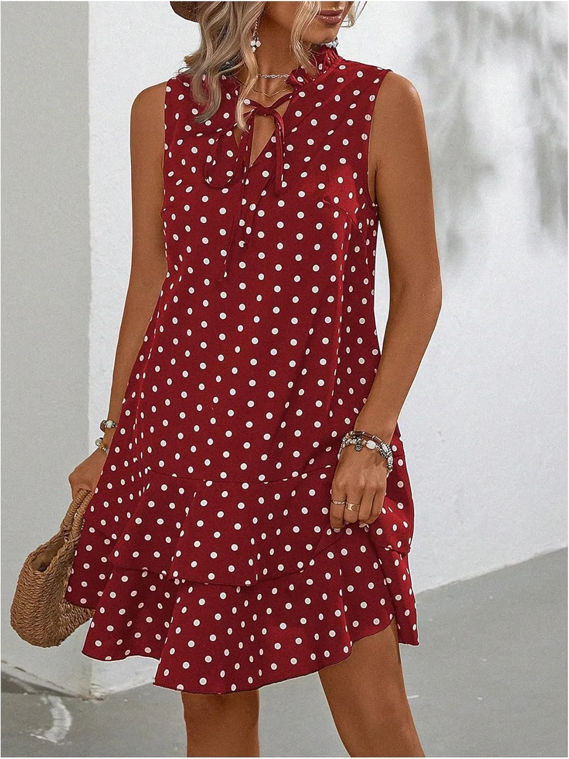 Women's Summer Dresses 2024 Polka Dots V Neck Sleeveless Tank Mini Dress Ruffle Smocked Tiered Layer Sundresses