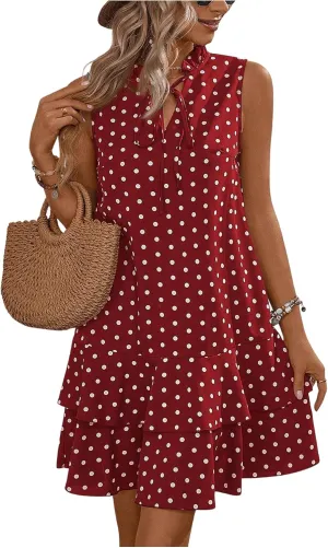 Women's Summer Dresses 2024 Polka Dots V Neck Sleeveless Tank Mini Dress Ruffle Smocked Tiered Layer Sundresses