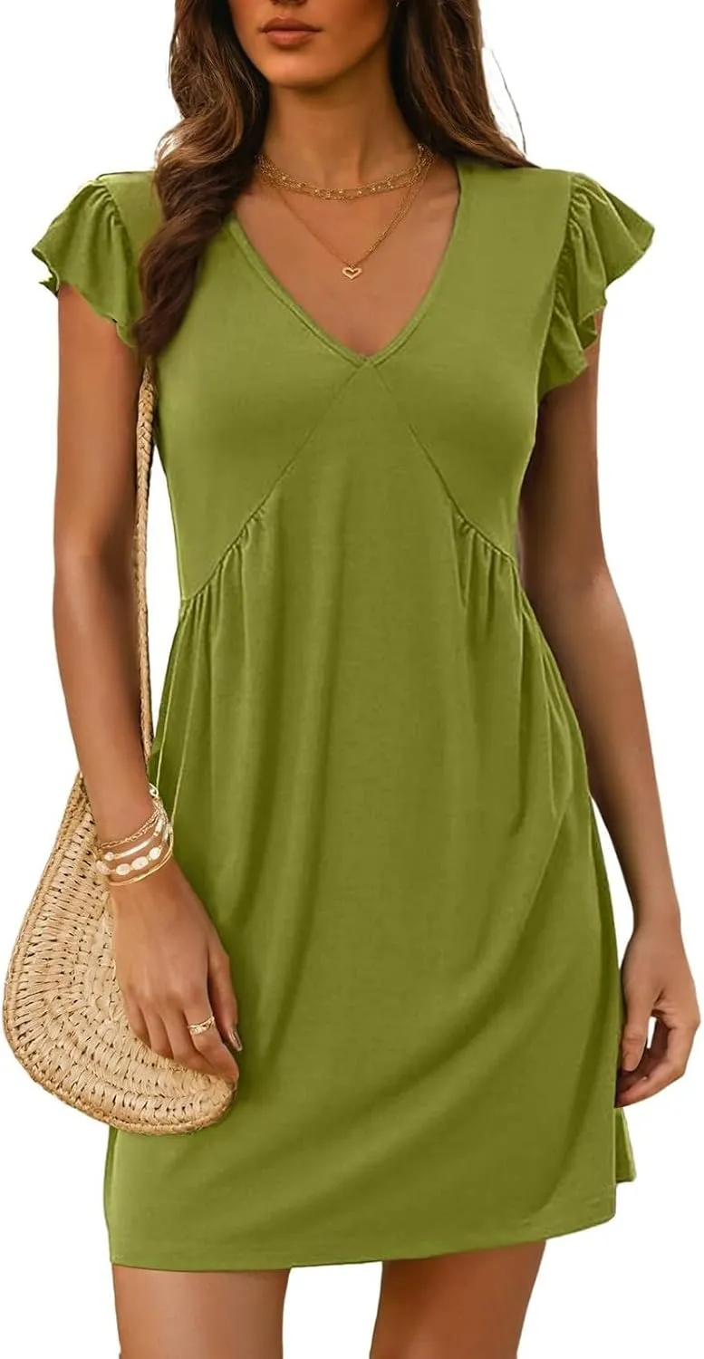 Women's Summer Dresses 2025 Beach Casual Deep V Neck Loose Sundress Ruffle Sleeve Mini Dress
