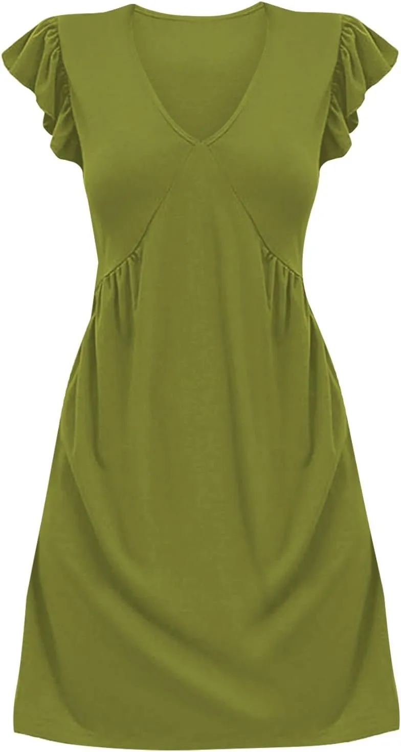 Women's Summer Dresses 2025 Beach Casual Deep V Neck Loose Sundress Ruffle Sleeve Mini Dress
