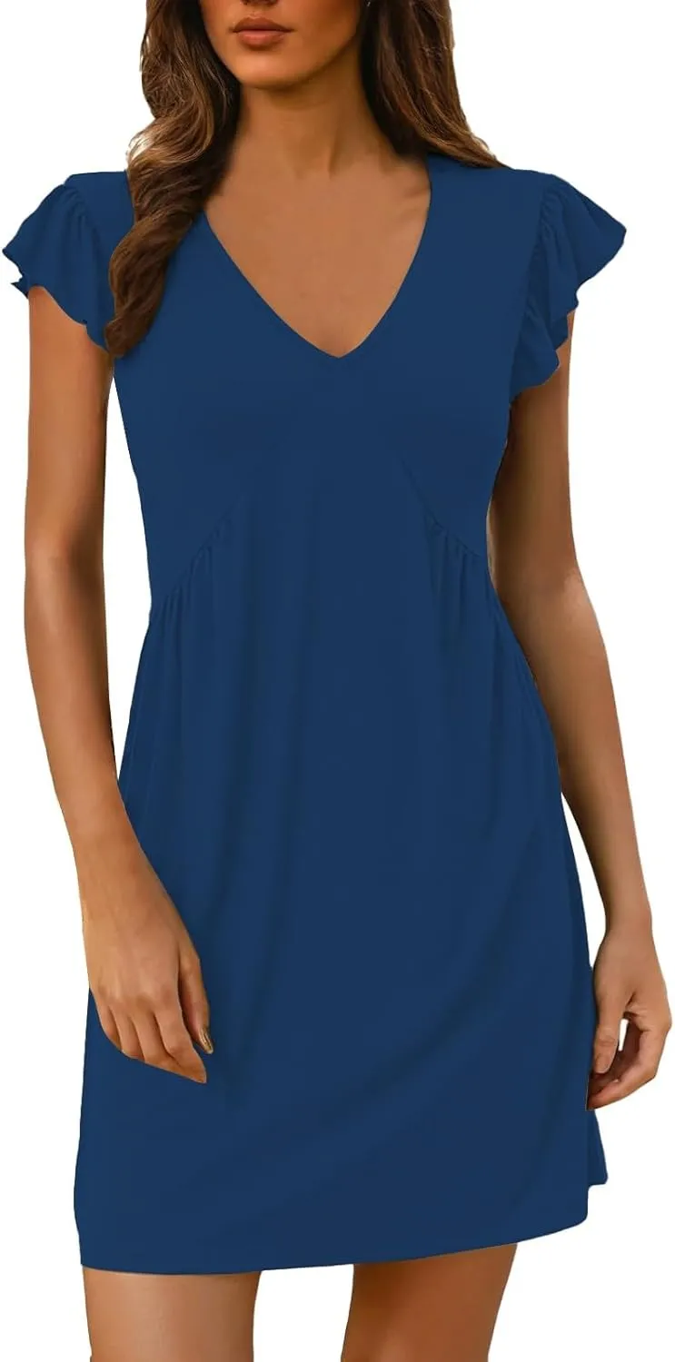 Women's Summer Dresses 2025 Beach Casual Deep V Neck Loose Sundress Ruffle Sleeve Mini Dress