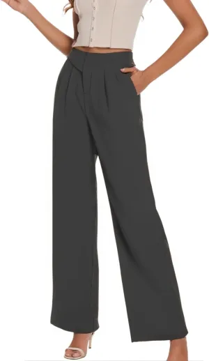 Womens Wide Leg Suit Pants Loose Fit High Elastic Waisted Business Work Casual Long Straight Trousers