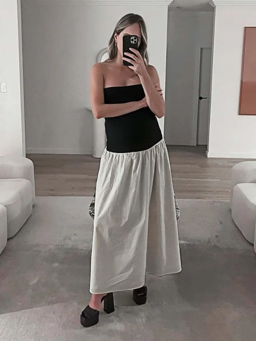 YOXUA Women's Summer Strapless Sleeveless Patchwork A-Line Tube Long Maxi Dress Off Shoulder Beach Maxi Dress