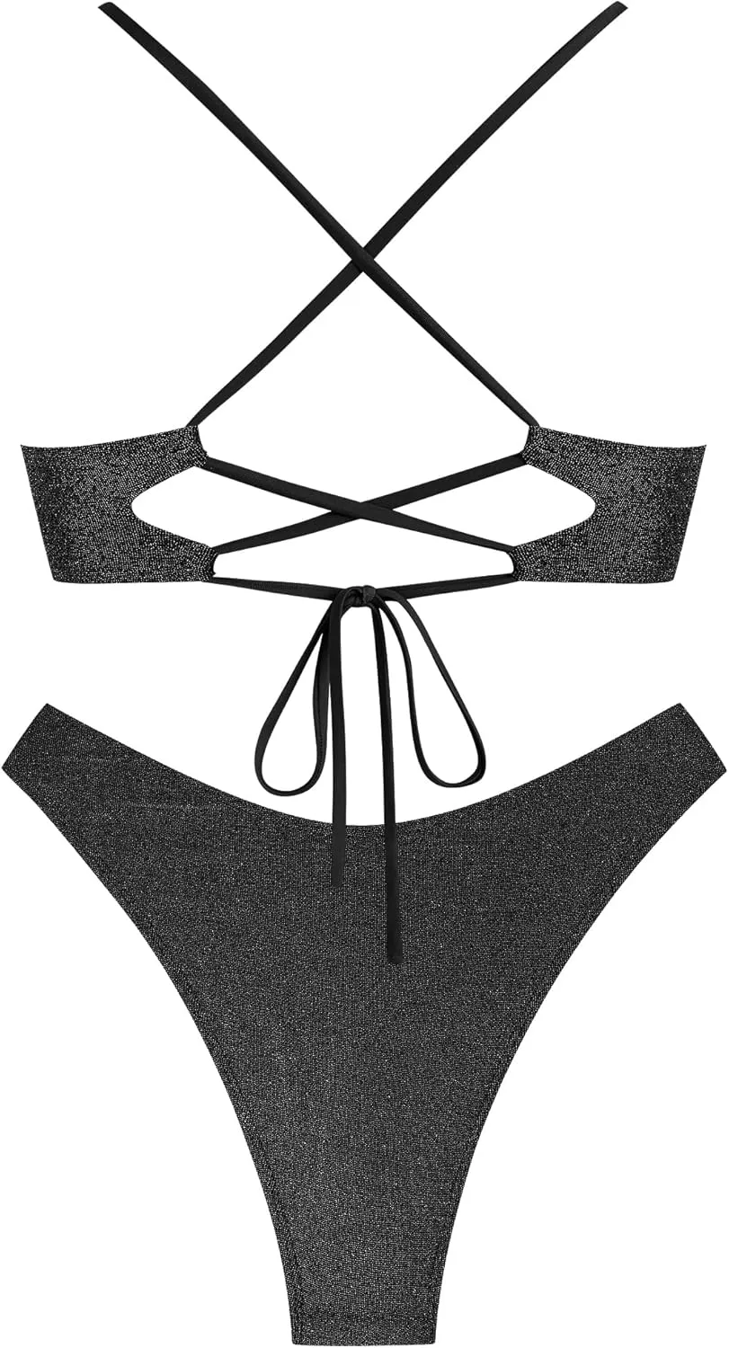 ZAFUL Women's Two Piece Swimsuit Textured U-Wired Metal Criss Cross String Bikini High Leg Bathing Suits