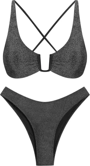 ZAFUL Women's Two Piece Swimsuit Textured U-Wired Metal Criss Cross String Bikini High Leg Bathing Suits