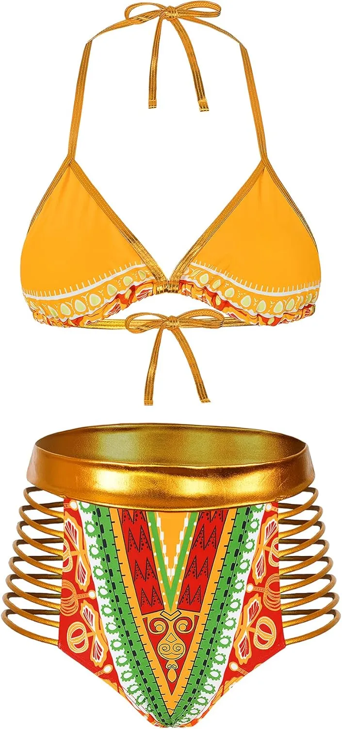 Zando Women Tribal Print Bikini African Metallic Swimsuit Two Piece Beachwear Cutout Halter Neck Bathing Suit Swimwear