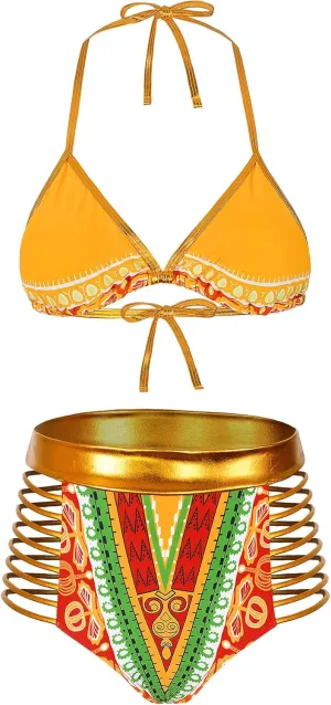Zando Women Tribal Print Bikini African Metallic Swimsuit Two Piece Beachwear Cutout Halter Neck Bathing Suit Swimwear